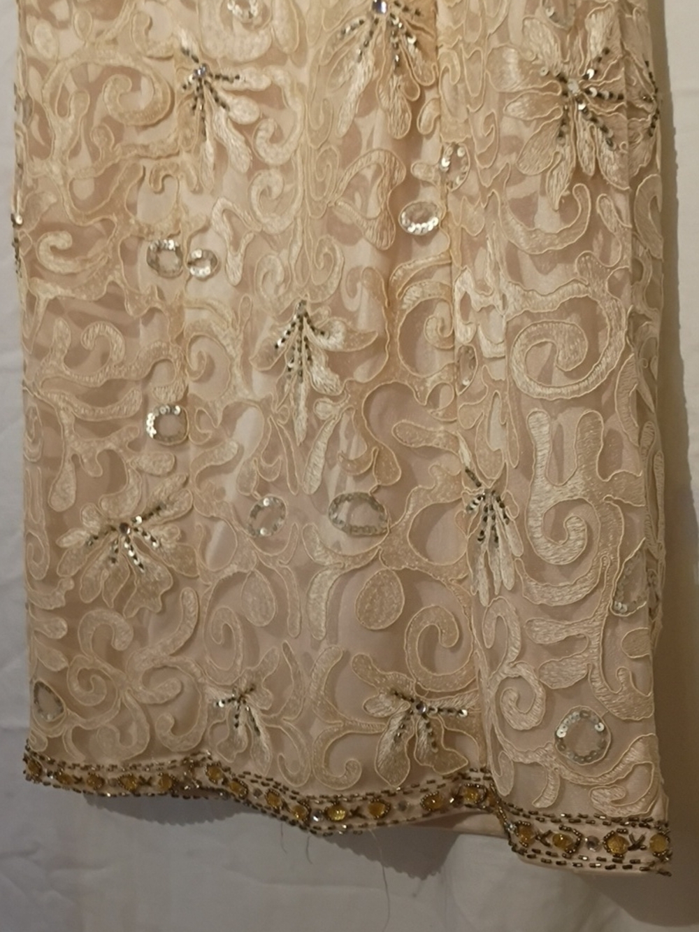Sue Wong Ivory Lace Beaded Illusion Neck Midi Dress, Silver Sequins, Open Back - Picture 5 of 16